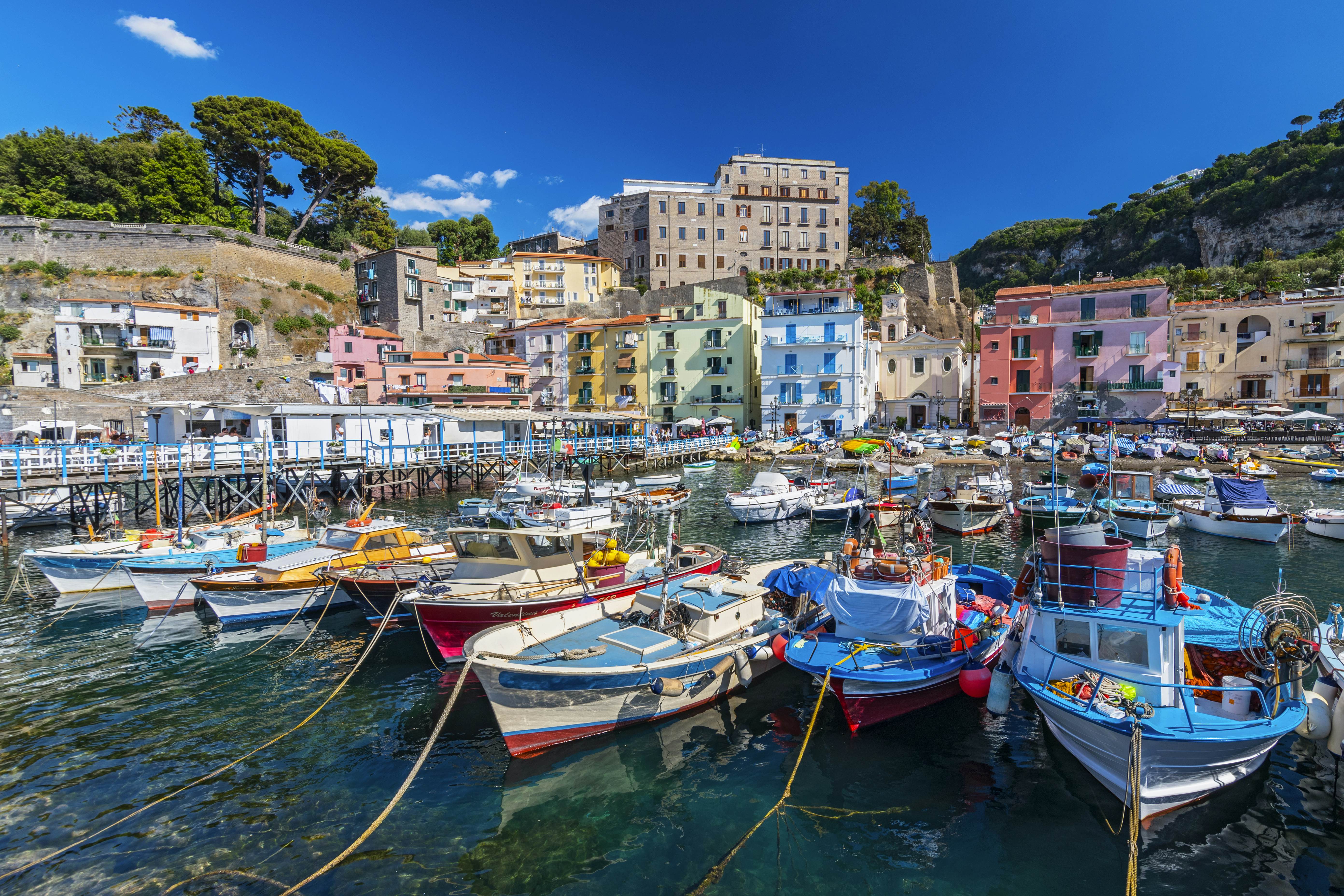 Small fishing boats at harbor in Marina Grande in Sorrento.